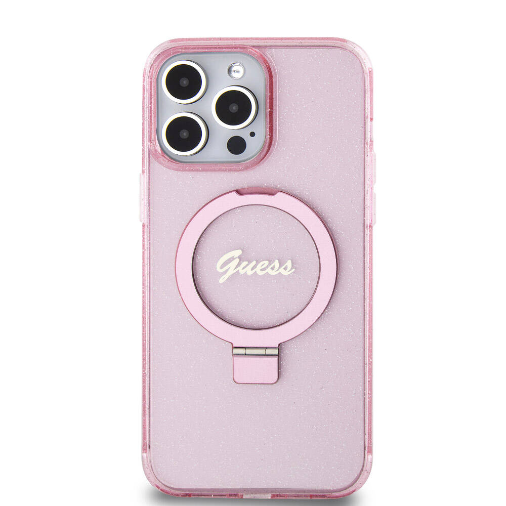 iPhone 15 Pro Max Kılıf Guess Orijinal Lisanslı M-safe Şarj Özellikli Simli Arka Yüzey Ring Standlı Kılıf