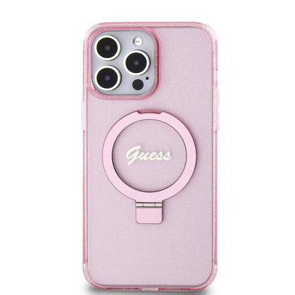 iPhone 15 Pro Max Kılıf Guess Orijinal Lisanslı M-safe Şarj Özellikli Simli Arka Yüzey Ring Standlı Kılıf