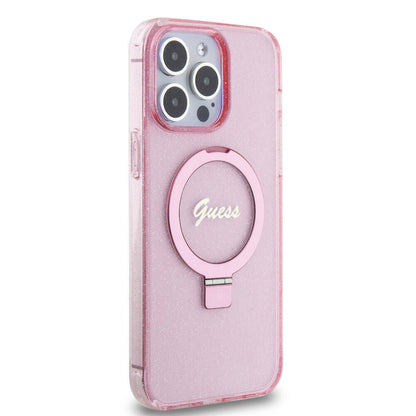 iPhone 15 Pro Max Kılıf Guess Orijinal Lisanslı M-safe Şarj Özellikli Simli Arka Yüzey Ring Standlı Kılıf