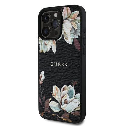 iPhone 15 Pro Max Kılıf Guess Orijinal Lisanslı M-safe Şarj Özellikli Taneli Çiçek Tasarımlı Metal Yazı Logolu Kılıf
