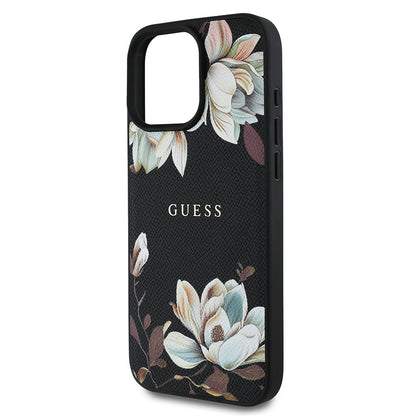 iPhone 15 Pro Max Kılıf Guess Orijinal Lisanslı M-safe Şarj Özellikli Taneli Çiçek Tasarımlı Metal Yazı Logolu Kılıf