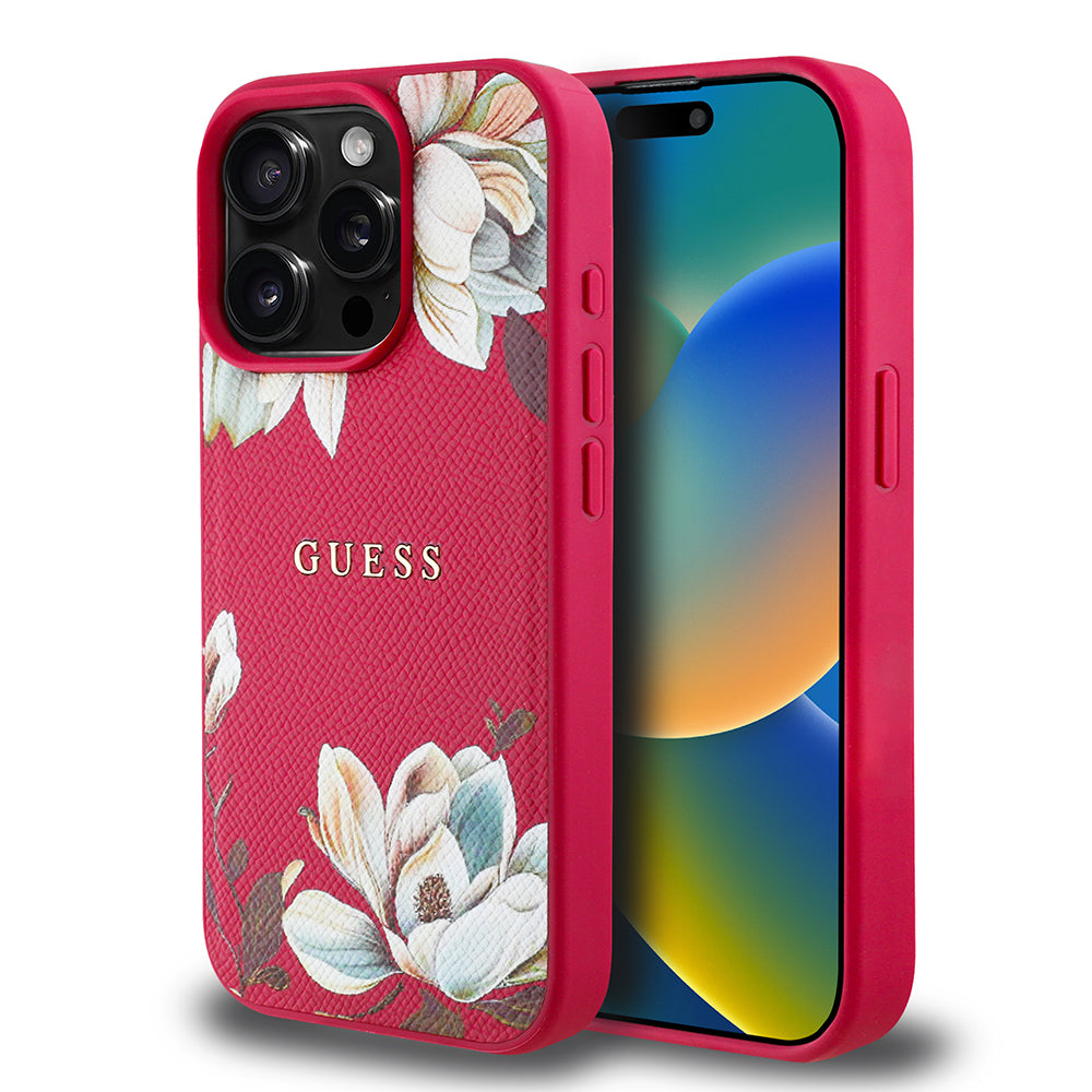 iPhone 15 Pro Max Kılıf Guess Orijinal Lisanslı M-safe Şarj Özellikli Taneli Çiçek Tasarımlı Metal Yazı Logolu Kılıf