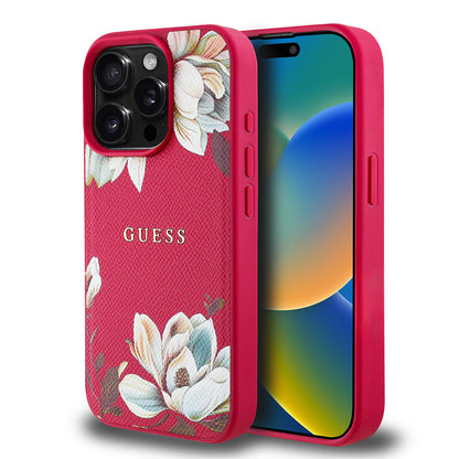 iPhone 15 Pro Max Kılıf Guess Orijinal Lisanslı M-safe Şarj Özellikli Taneli Çiçek Tasarımlı Metal Yazı Logolu Kılıf