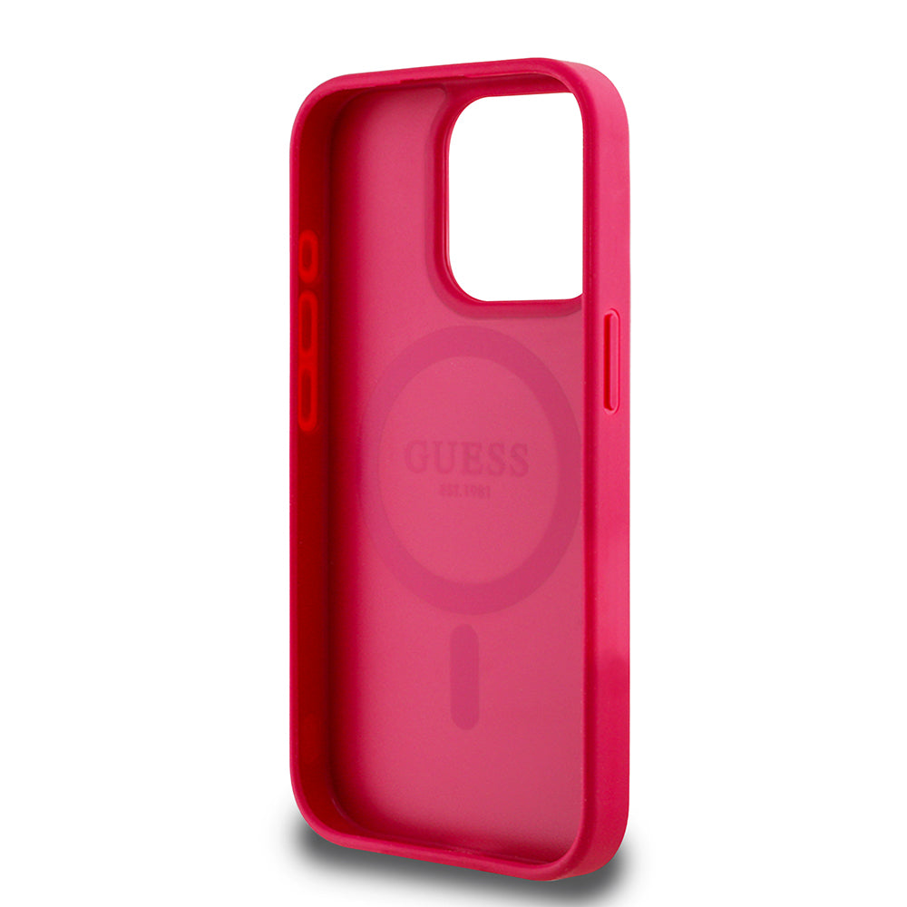 iPhone 15 Pro Max Kılıf Guess Orijinal Lisanslı M-safe Şarj Özellikli Taneli Çiçek Tasarımlı Metal Yazı Logolu Kılıf