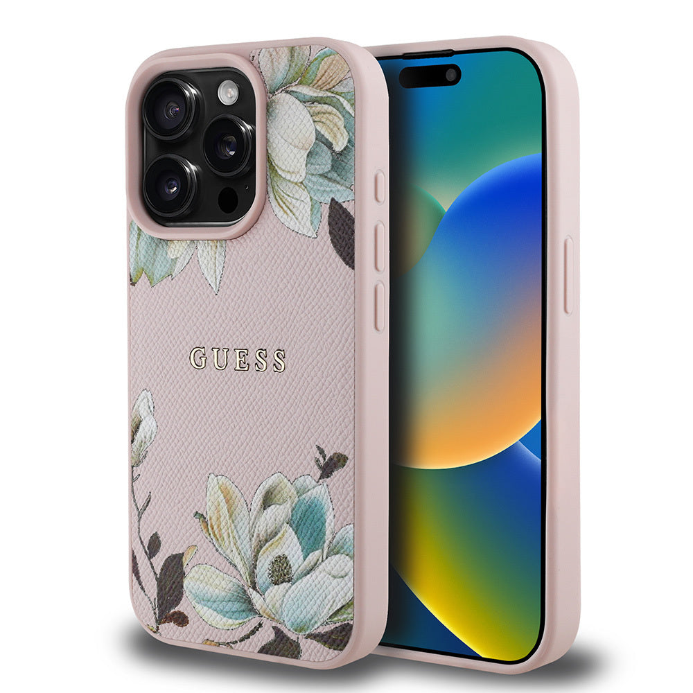 iPhone 15 Pro Max Kılıf Guess Orijinal Lisanslı M-safe Şarj Özellikli Taneli Çiçek Tasarımlı Metal Yazı Logolu Kılıf