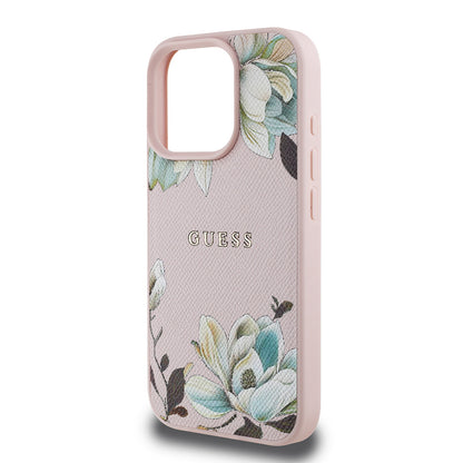 iPhone 15 Pro Max Kılıf Guess Orijinal Lisanslı M-safe Şarj Özellikli Taneli Çiçek Tasarımlı Metal Yazı Logolu Kılıf