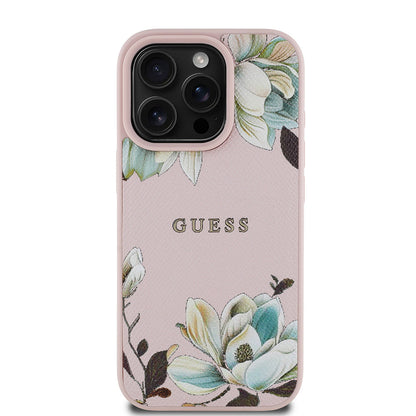 iPhone 15 Pro Max Kılıf Guess Orijinal Lisanslı M-safe Şarj Özellikli Taneli Çiçek Tasarımlı Metal Yazı Logolu Kılıf