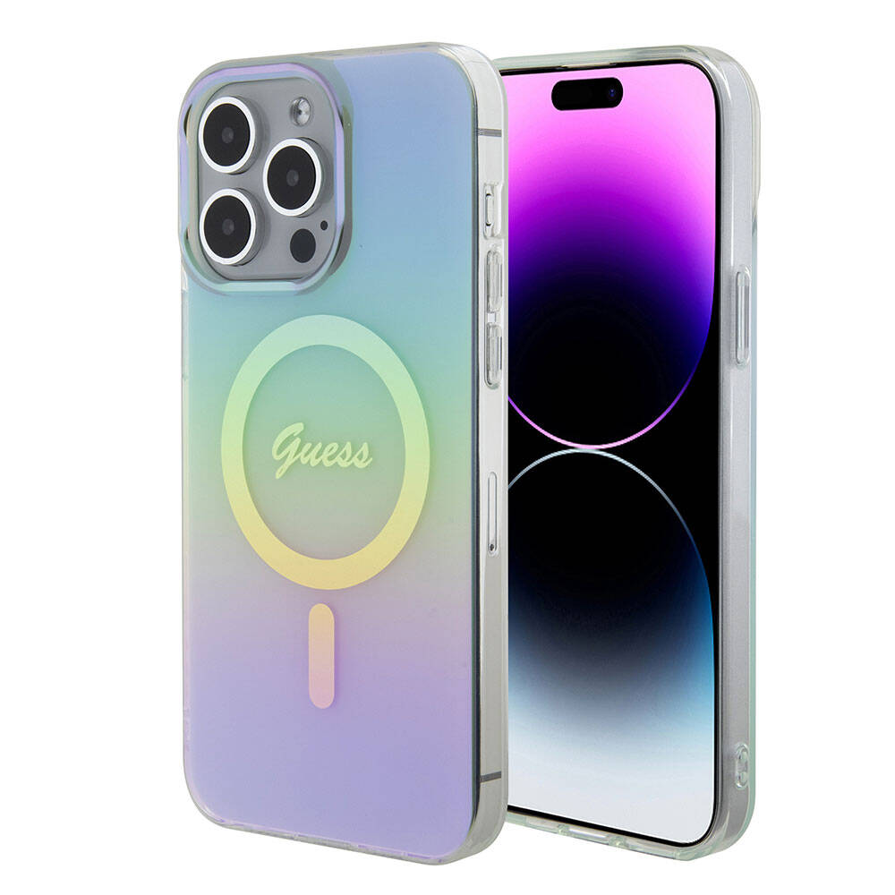 iPhone 15 Pro Max Kılıf Guess Orijinal Lisanslı M-safe Şarj Özellikli Yazı Logolu Iridescent Kılıf
