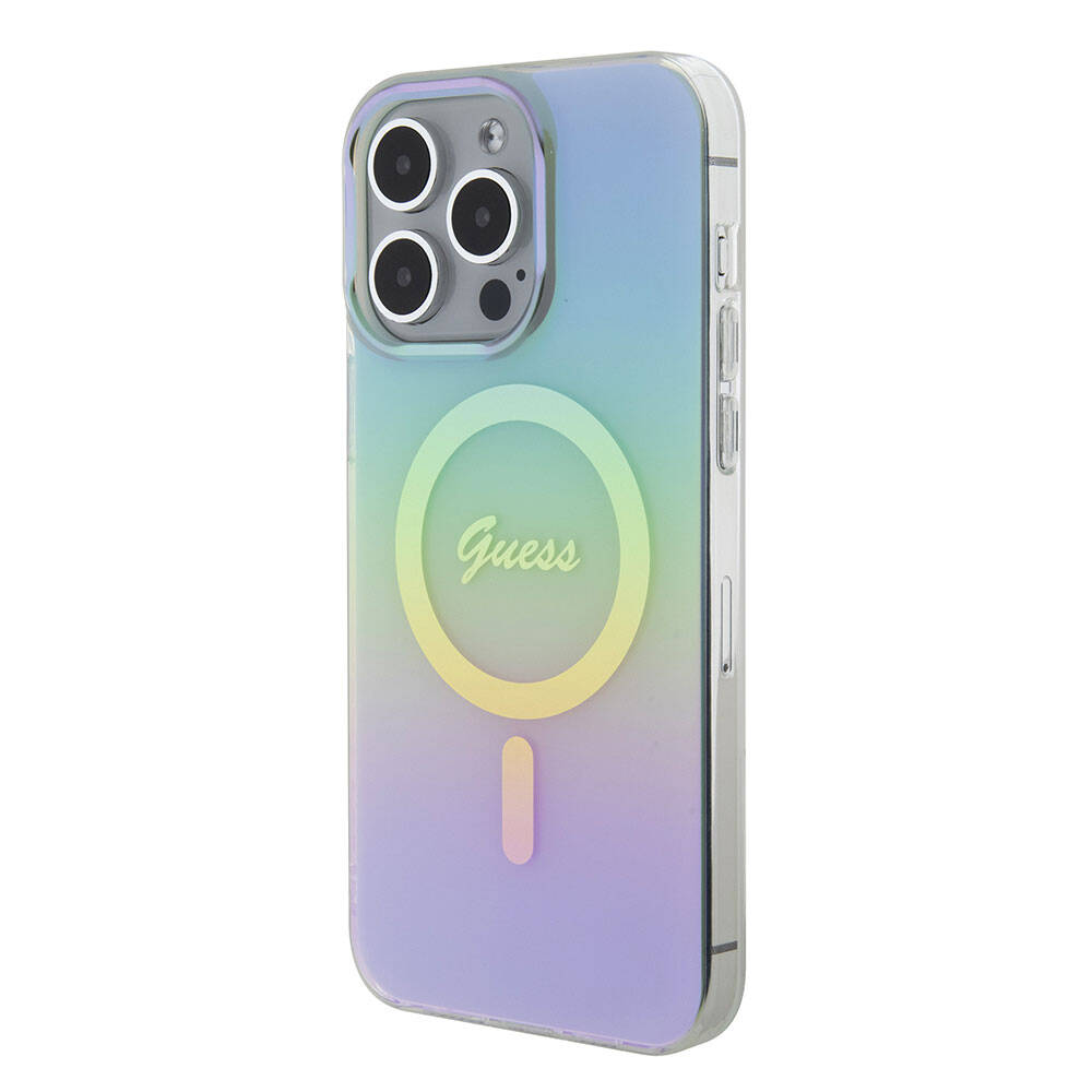 iPhone 15 Pro Max Kılıf Guess Orijinal Lisanslı M-safe Şarj Özellikli Yazı Logolu Iridescent Kılıf