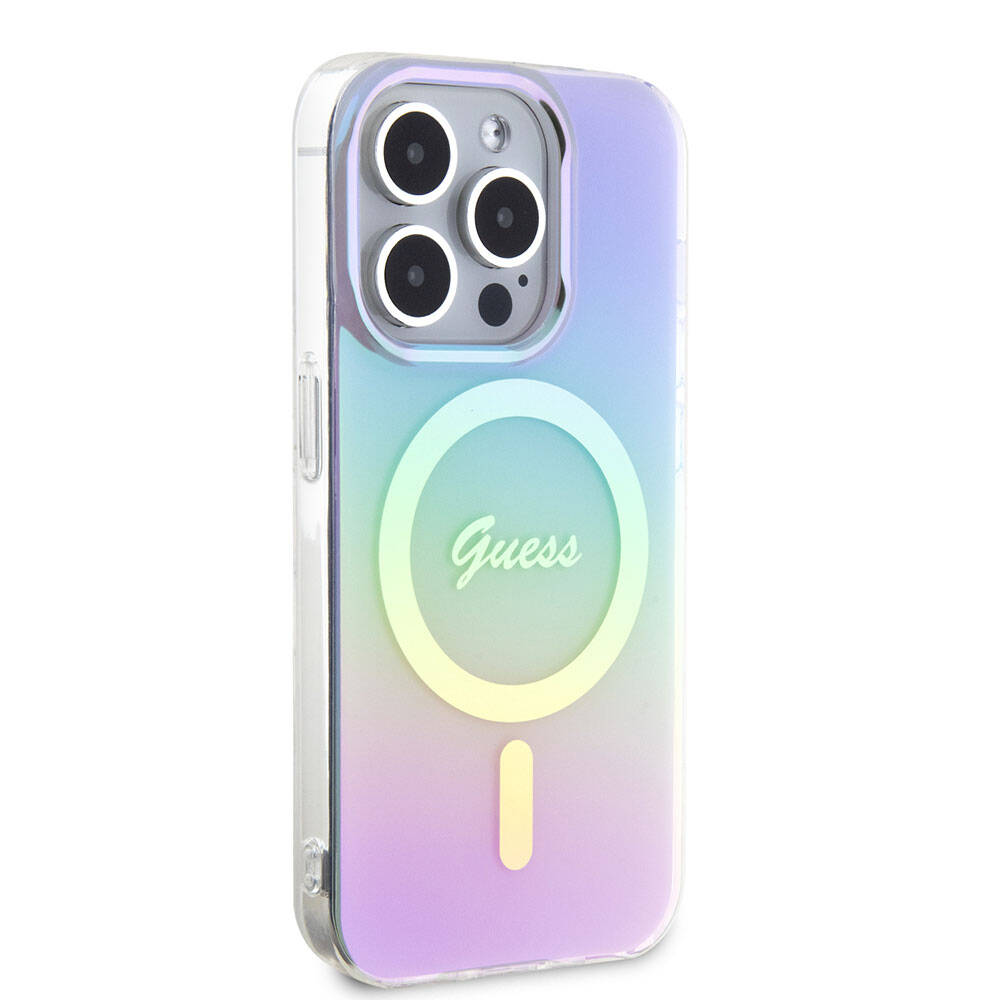 iPhone 15 Pro Max Kılıf Guess Orijinal Lisanslı M-safe Şarj Özellikli Yazı Logolu Iridescent Kılıf