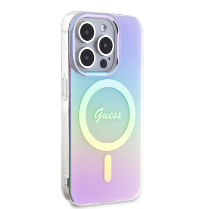 iPhone 15 Pro Max Kılıf Guess Orijinal Lisanslı M-safe Şarj Özellikli Yazı Logolu Iridescent Kılıf