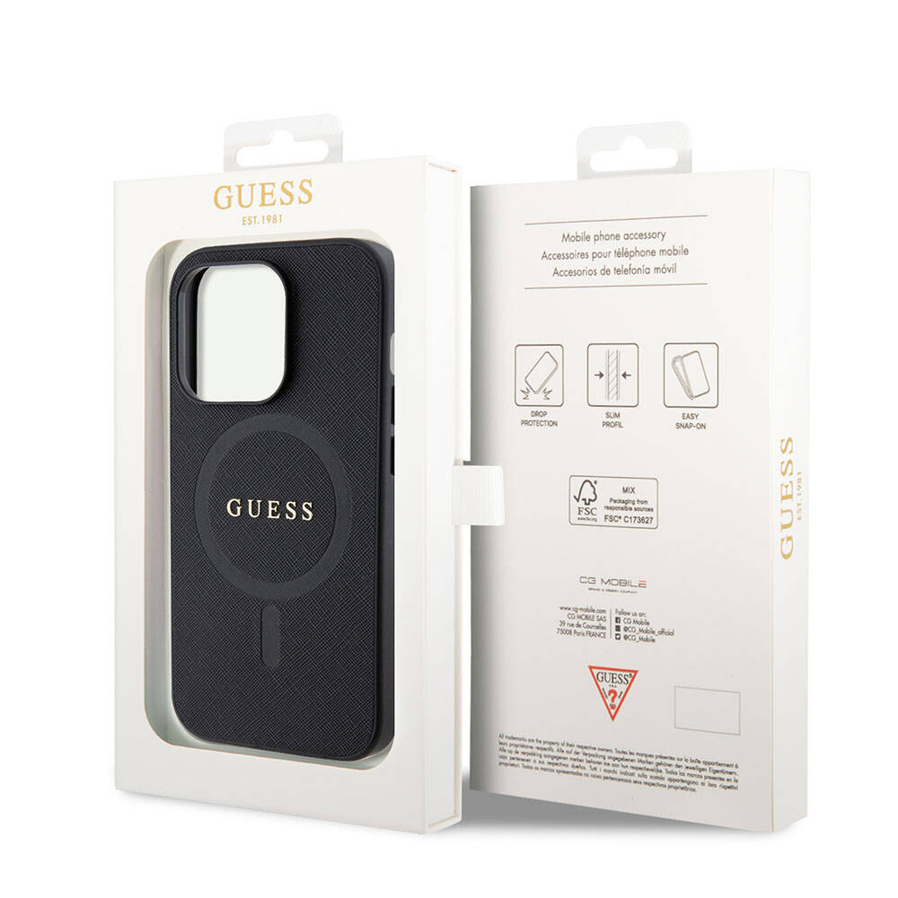 iPhone 15 Pro Max Kılıf Guess Orijinal Lisanslı M-safe Şarj Özellikli Yazı Logolu Saffiano Kılıf