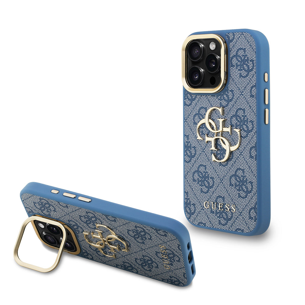 iPhone 15 Pro Max Kılıf Guess Orijinal Lisanslı PU Deri 4G Desenli Metal Büyük 4G ve Yazı Logolu Kamera Standlı Kılıf