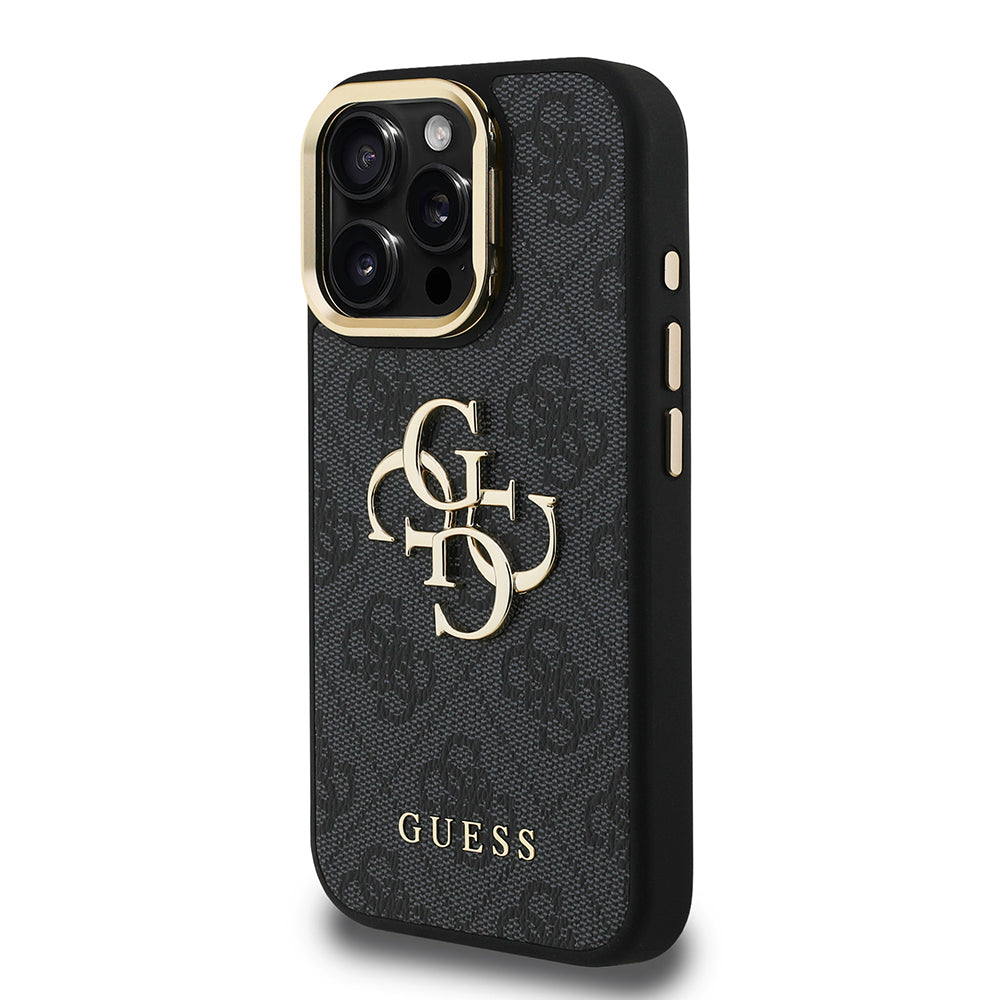iPhone 15 Pro Max Kılıf Guess Orijinal Lisanslı PU Deri 4G Desenli Metal Büyük 4G ve Yazı Logolu Kamera Standlı Kılıf