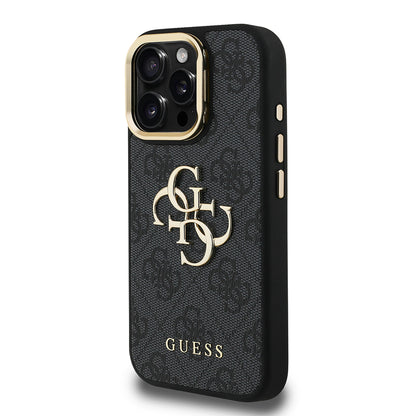 iPhone 15 Pro Max Kılıf Guess Orijinal Lisanslı PU Deri 4G Desenli Metal Büyük 4G ve Yazı Logolu Kamera Standlı Kılıf
