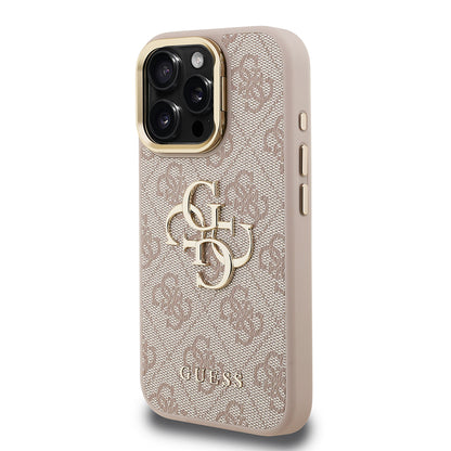 iPhone 15 Pro Max Kılıf Guess Orijinal Lisanslı PU Deri 4G Desenli Metal Büyük 4G ve Yazı Logolu Kamera Standlı Kılıf