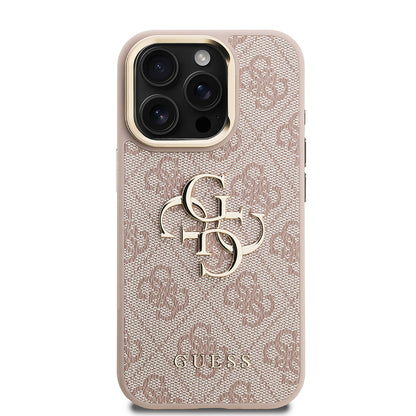 iPhone 15 Pro Max Kılıf Guess Orijinal Lisanslı PU Deri 4G Desenli Metal Büyük 4G ve Yazı Logolu Kamera Standlı Kılıf