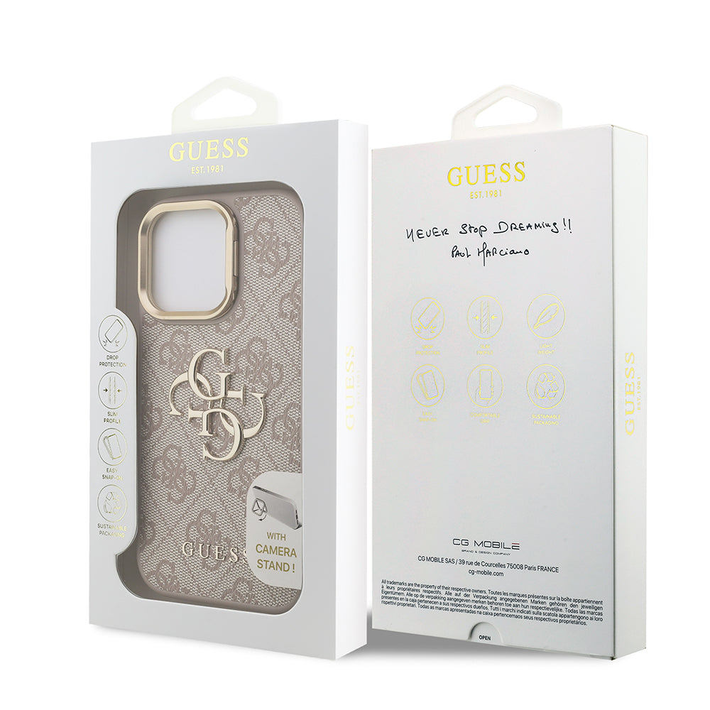 iPhone 15 Pro Max Kılıf Guess Orijinal Lisanslı PU Deri 4G Desenli Metal Büyük 4G ve Yazı Logolu Kamera Standlı Kılıf