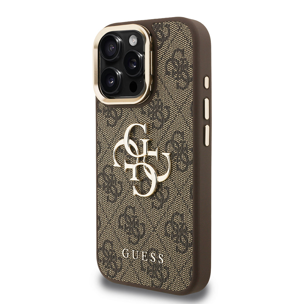 iPhone 15 Pro Max Kılıf Guess Orijinal Lisanslı PU Deri 4G Desenli Metal Büyük 4G ve Yazı Logolu Kamera Standlı Kılıf