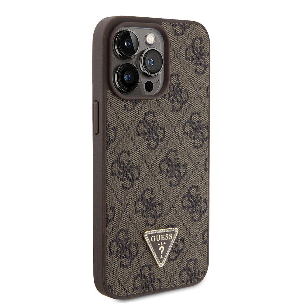 iPhone 15 Pro Max Kılıf Guess Orijinal Lisanslı PU Deri Askılı Taşlı Üçgen Logo 4G Desenli Strass Crossbody Kılıf