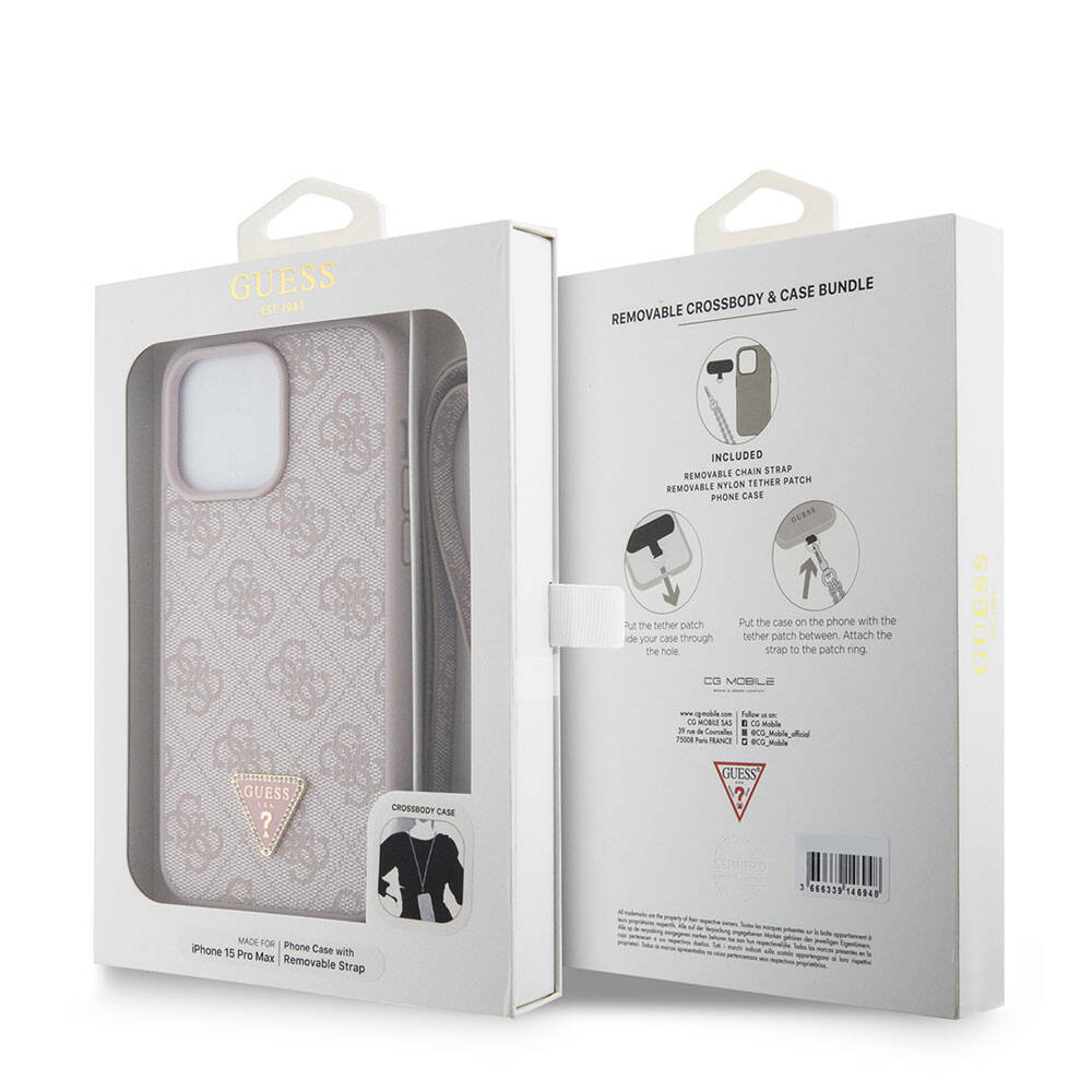 iPhone 15 Pro Max Kılıf Guess Orijinal Lisanslı PU Deri Askılı Taşlı Üçgen Logo 4G Desenli Strass Crossbody Kılıf