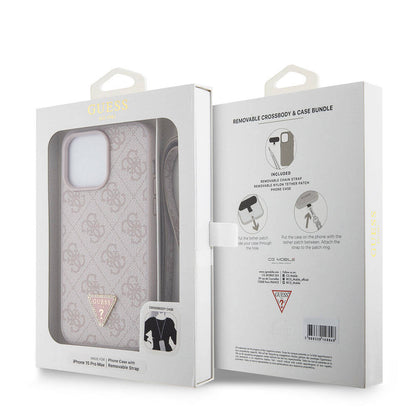 iPhone 15 Pro Max Kılıf Guess Orijinal Lisanslı PU Deri Askılı Taşlı Üçgen Logo 4G Desenli Strass Crossbody Kılıf
