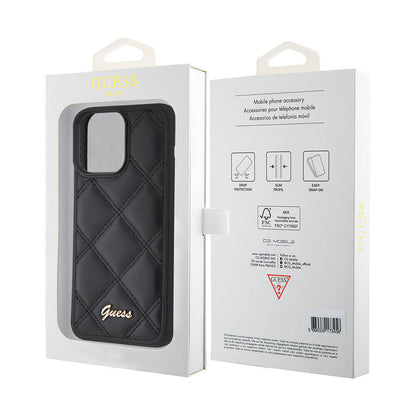 iPhone 15 Pro Max Kılıf Guess Orijinal Lisanslı PU Deri Metal Yazı Logolu Kapitone Kılıf