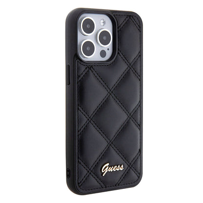 iPhone 15 Pro Max Kılıf Guess Orijinal Lisanslı PU Deri Metal Yazı Logolu Kapitone Kılıf