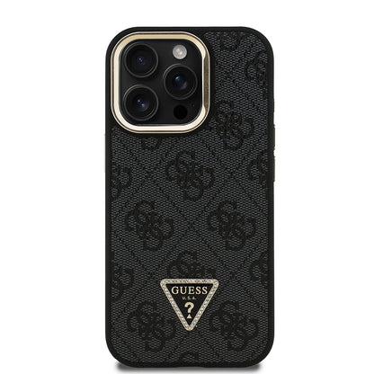 iPhone 15 Pro Max Kılıf Guess Orijinal Lisanslı PU Deri Taşlı Üçgen Logo 4G Desenli Kamera Standlı Kılıf