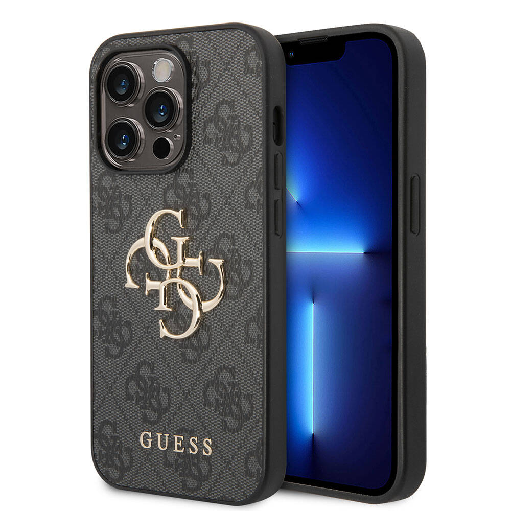 iPhone 15 Pro Max Kılıf Guess Orijinal Lisanslı PU Deri Yazı ve 4G Metal Logolu Desenli Kılıf