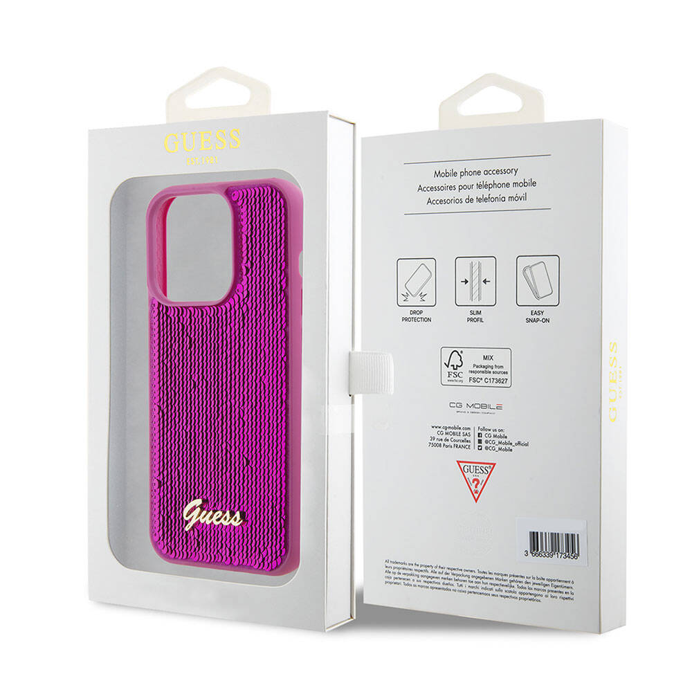iPhone 15 Pro Max Kılıf Guess Orijinal Lisanslı Pullu Arka Yüzey Metal Yazı Logolu Sequin Script Kılıf