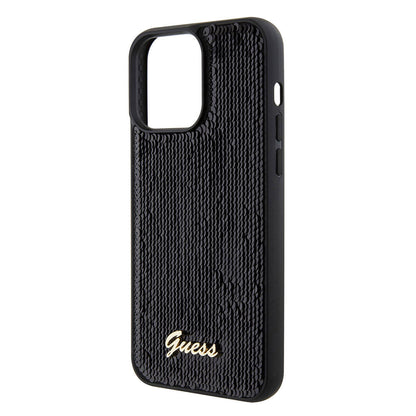 iPhone 15 Pro Max Kılıf Guess Orijinal Lisanslı Pullu Arka Yüzey Metal Yazı Logolu Sequin Script Kılıf