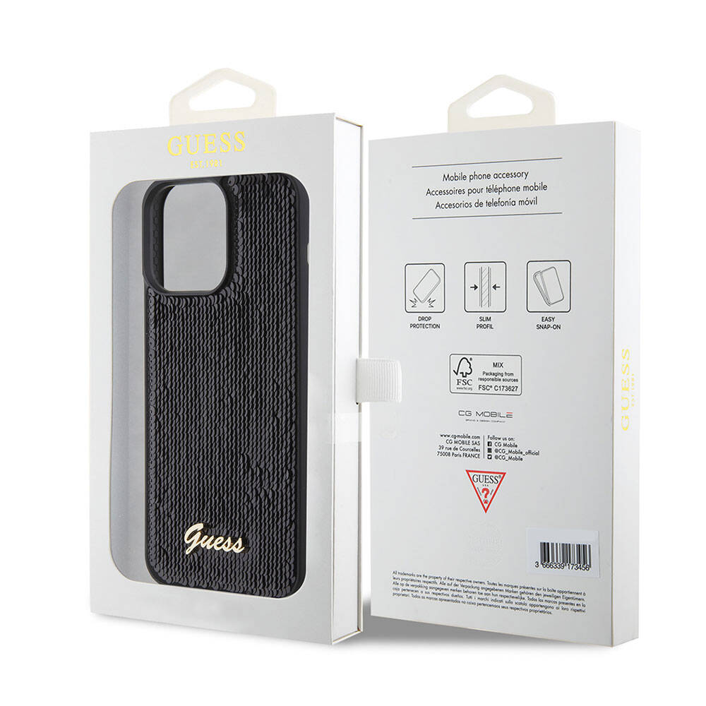 iPhone 15 Pro Max Kılıf Guess Orijinal Lisanslı Pullu Arka Yüzey Metal Yazı Logolu Sequin Script Kılıf