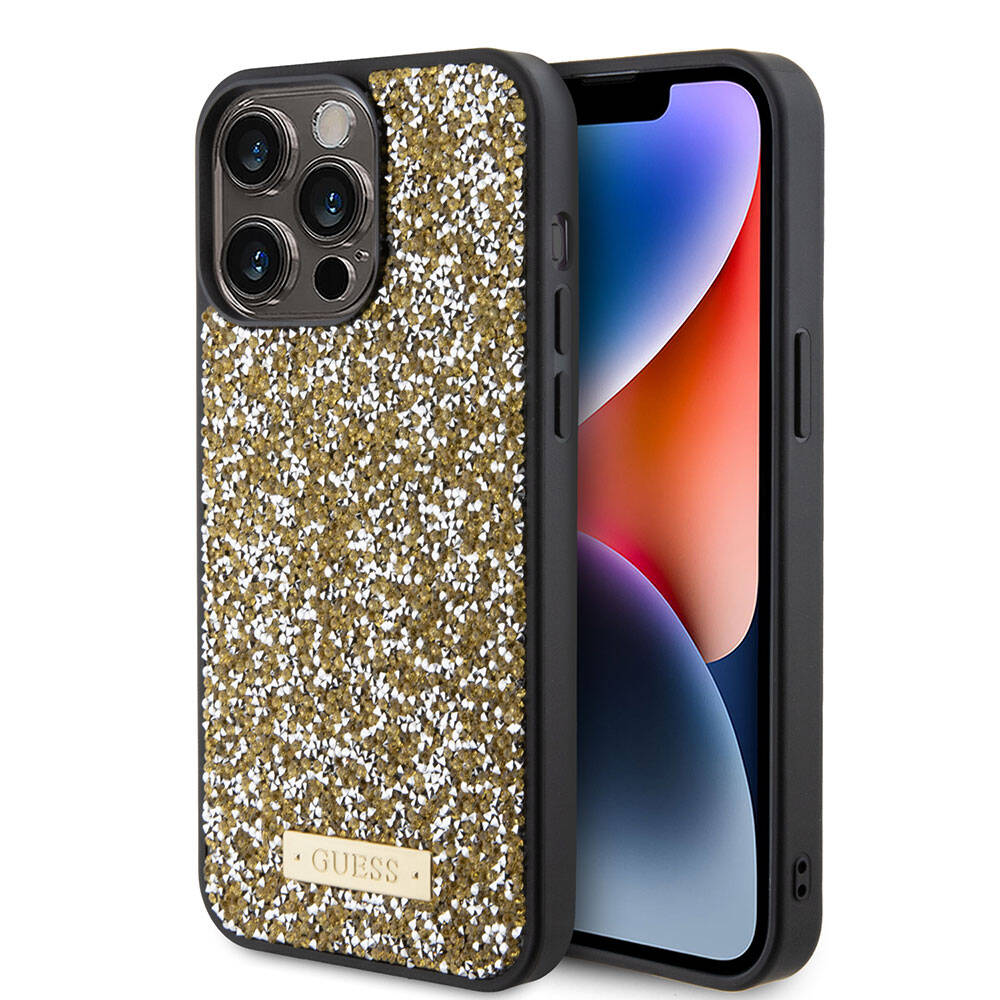 iPhone 15 Pro Max Kılıf Guess Orijinal Lisanslı Taşlı Arka Yüzey Metal Yazı Logolu Kılıf