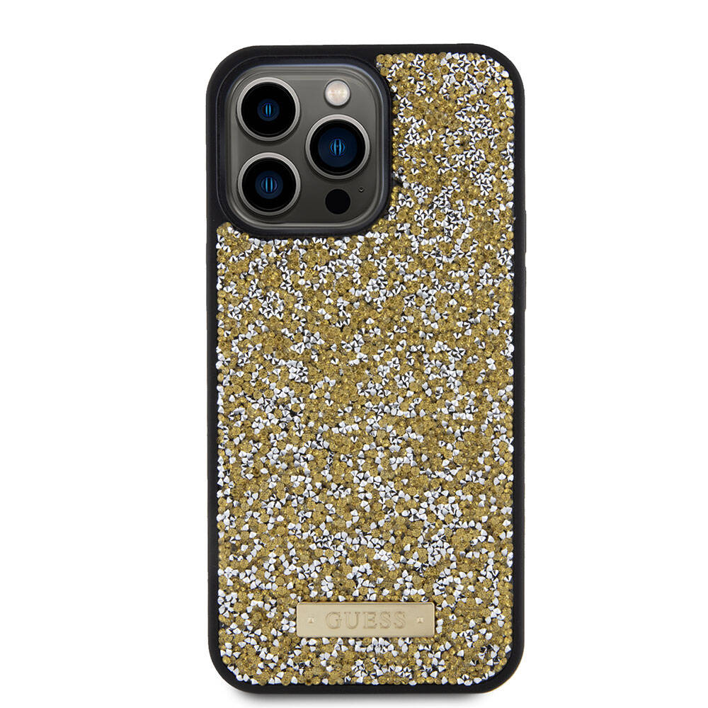 iPhone 15 Pro Max Kılıf Guess Orijinal Lisanslı Taşlı Arka Yüzey Metal Yazı Logolu Kılıf
