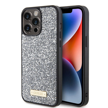 iPhone 15 Pro Max Kılıf Guess Orijinal Lisanslı Taşlı Arka Yüzey Metal Yazı Logolu Kılıf
