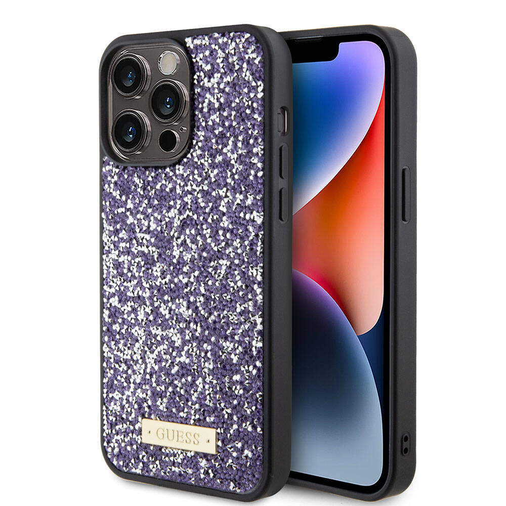 iPhone 15 Pro Max Kılıf Guess Orijinal Lisanslı Taşlı Arka Yüzey Metal Yazı Logolu Kılıf