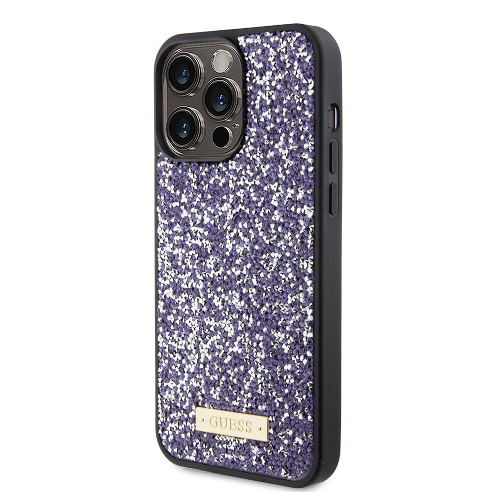 iPhone 15 Pro Max Kılıf Guess Orijinal Lisanslı Taşlı Arka Yüzey Metal Yazı Logolu Kılıf