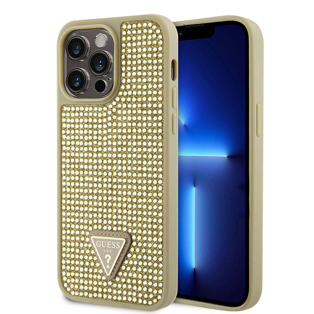 iPhone 15 Pro Max Kılıf Guess Orijinal Lisanslı Taşlı Arka Yüzey Üçgen Logolu Kılıf