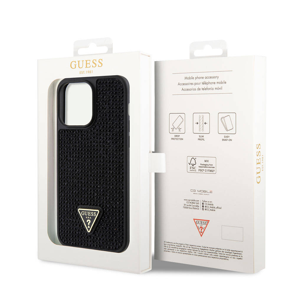 iPhone 15 Pro Max Kılıf Guess Orijinal Lisanslı Taşlı Arka Yüzey Üçgen Logolu Kılıf