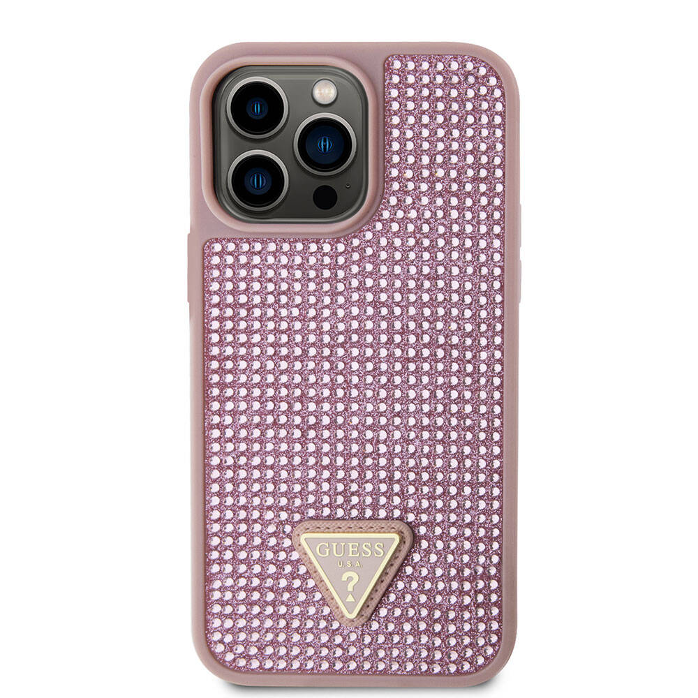iPhone 15 Pro Max Kılıf Guess Orijinal Lisanslı Taşlı Arka Yüzey Üçgen Logolu Kılıf