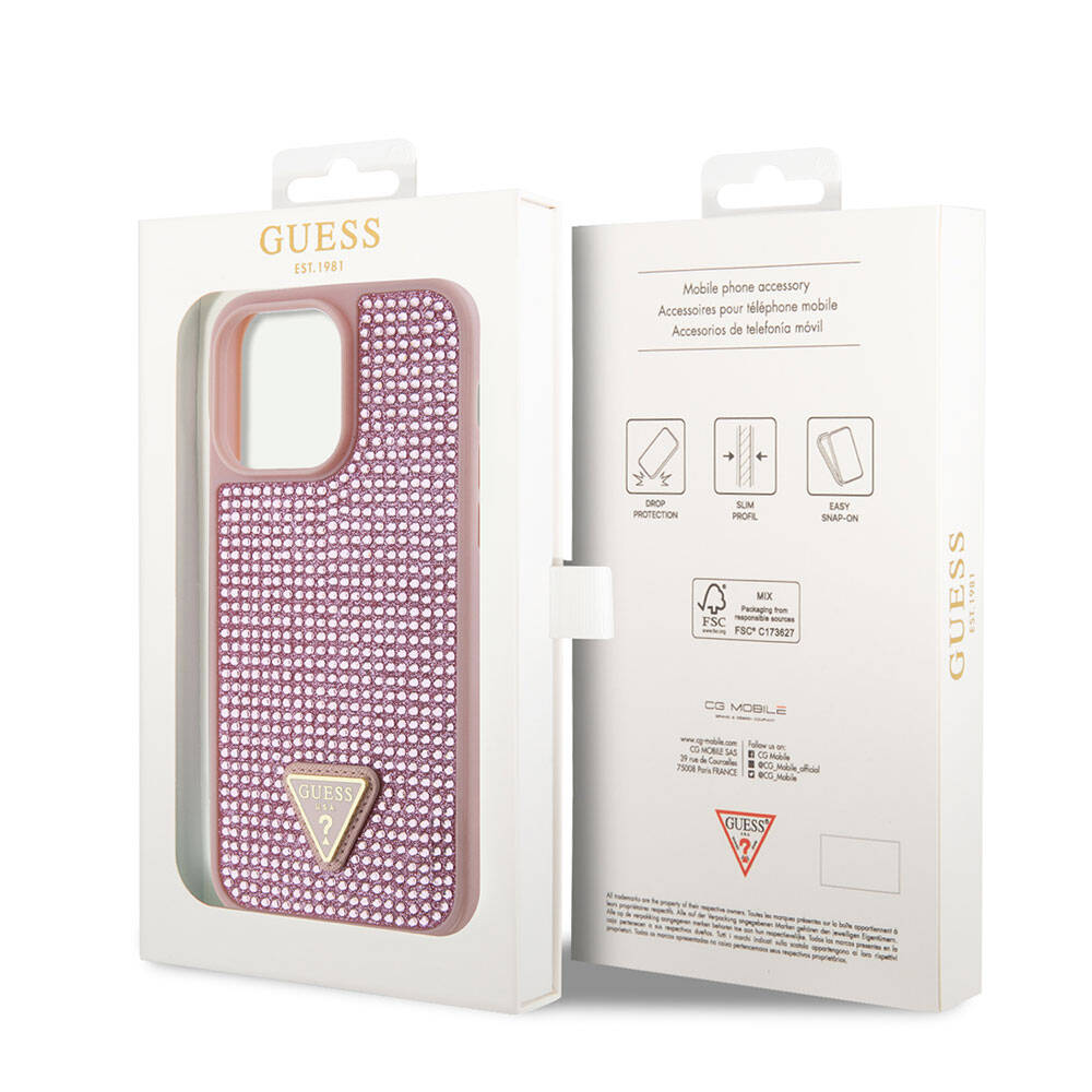 iPhone 15 Pro Max Kılıf Guess Orijinal Lisanslı Taşlı Arka Yüzey Üçgen Logolu Kılıf