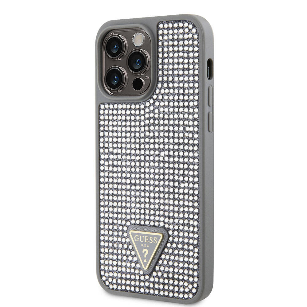 iPhone 15 Pro Max Kılıf Guess Orijinal Lisanslı Taşlı Arka Yüzey Üçgen Logolu Kılıf
