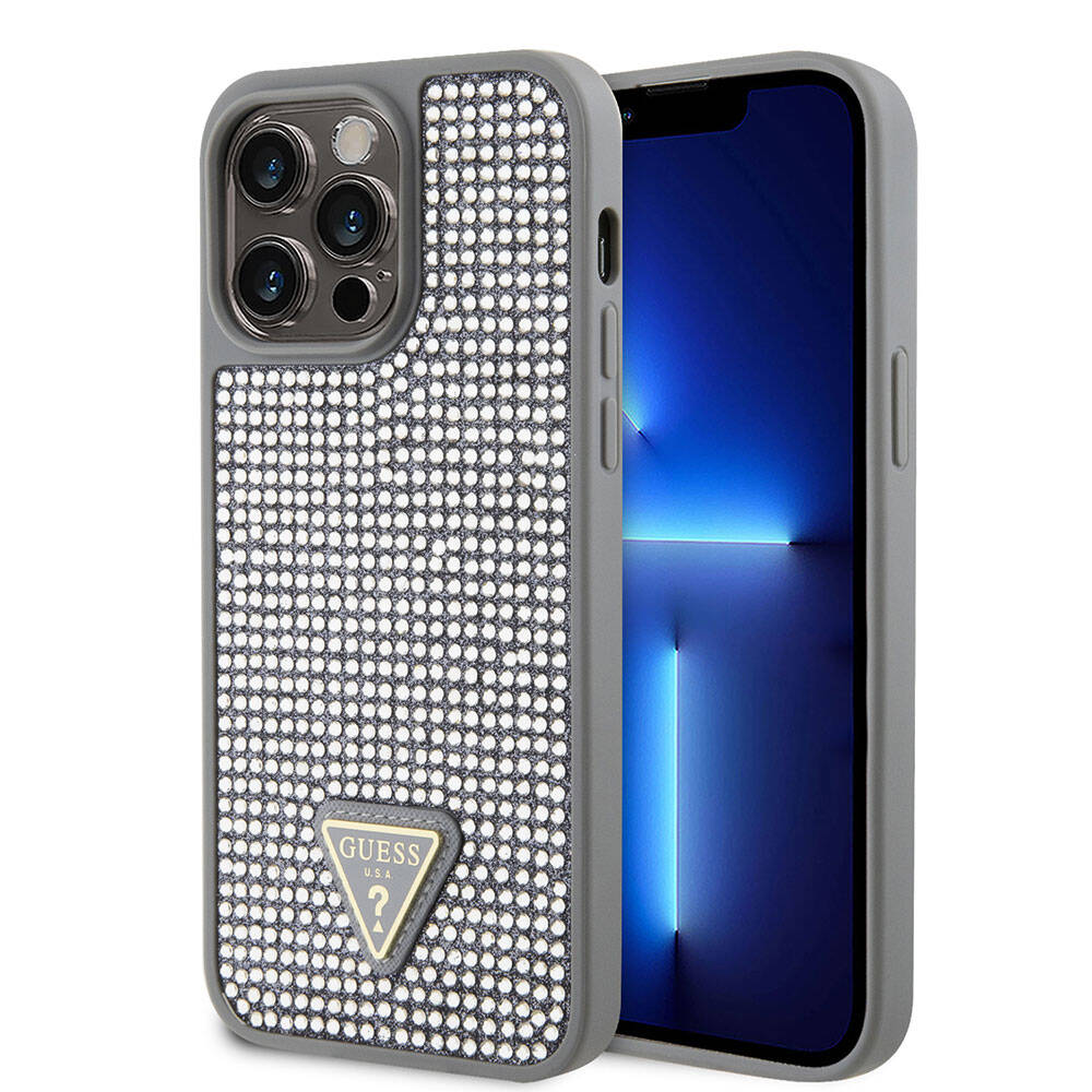 iPhone 15 Pro Max Kılıf Guess Orijinal Lisanslı Taşlı Arka Yüzey Üçgen Logolu Kılıf