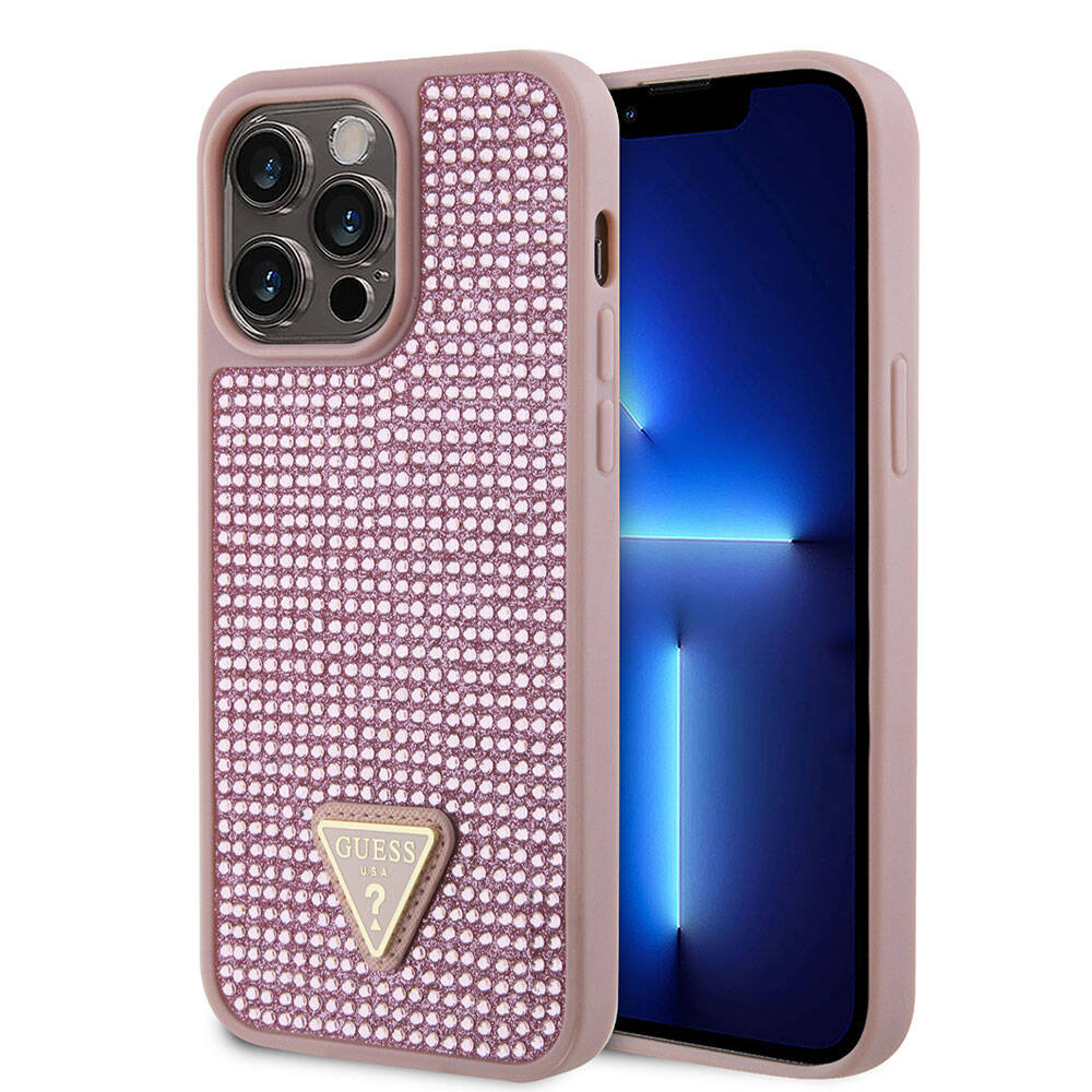 iPhone 15 Pro Max Kılıf Guess Orijinal Lisanslı Taşlı Arka Yüzey Üçgen Logolu Kılıf