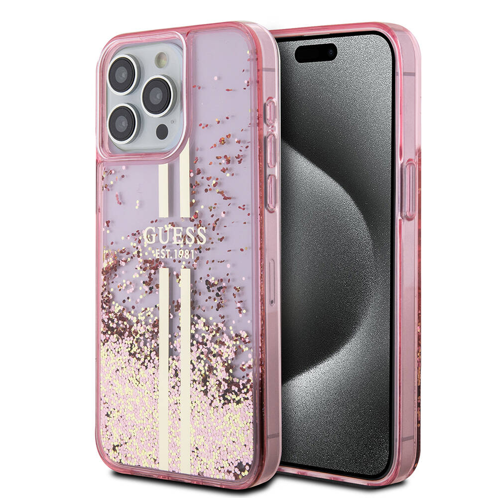 iPhone 15 Pro Max Kılıf Guess Orijinal Lisanslı Transparan Sıvılı Simli Altın Çizgili Kılıf