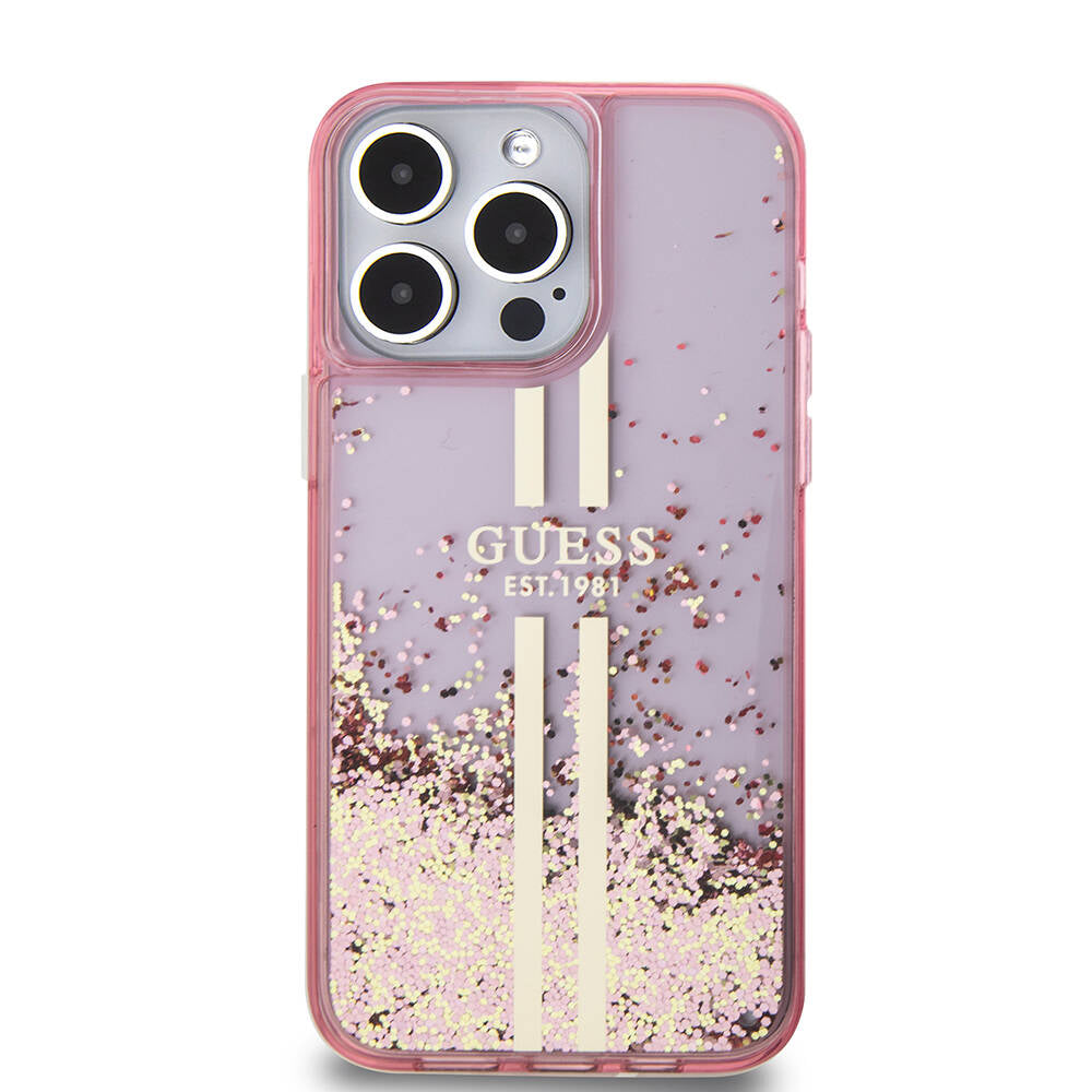 iPhone 15 Pro Max Kılıf Guess Orijinal Lisanslı Transparan Sıvılı Simli Altın Çizgili Kılıf