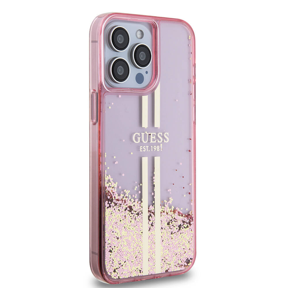 iPhone 15 Pro Max Kılıf Guess Orijinal Lisanslı Transparan Sıvılı Simli Altın Çizgili Kılıf