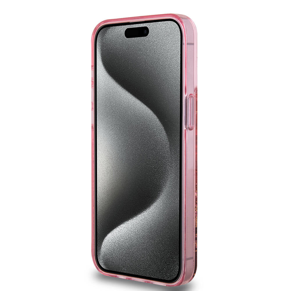 iPhone 15 Pro Max Kılıf Guess Orijinal Lisanslı Transparan Sıvılı Simli Altın Çizgili Kılıf