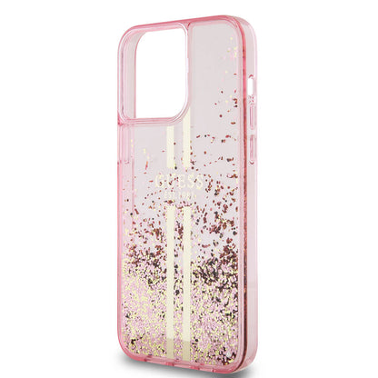 iPhone 15 Pro Max Kılıf Guess Orijinal Lisanslı Transparan Sıvılı Simli Altın Çizgili Kılıf